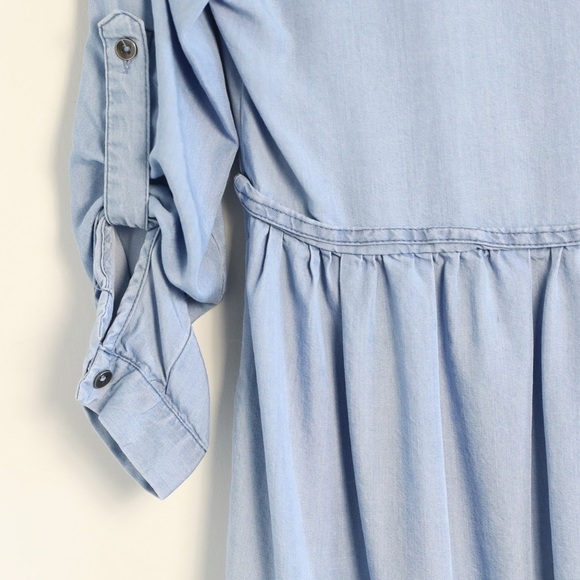 Dex chambray dress roll tab sleeve XS glitter pockets trim short mini tencel - Picture 9 of 9